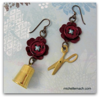 Brass thimble and scissors earrings