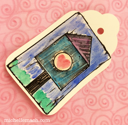 Stamped gift tag with birdhouse and heart