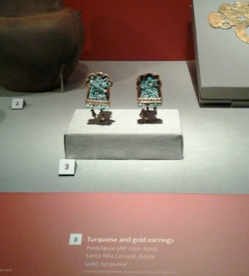 Turquoise and gold earrings at Denver Mayan exhibit