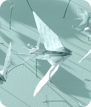 Paper cranes at DIA close-up