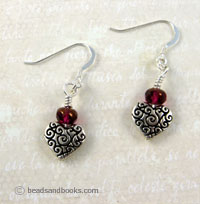 Pink glass and pewter heart earrings