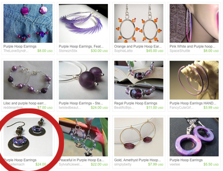 list of purple hoop earrings on Etsy