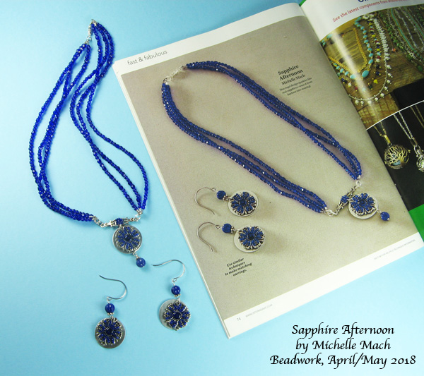 Sapphire Afternoon necklace and earring set by Michelle Mach in Beadwork April/May 2018