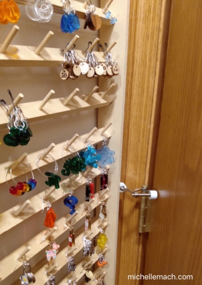 Thread holder with earrings behind door